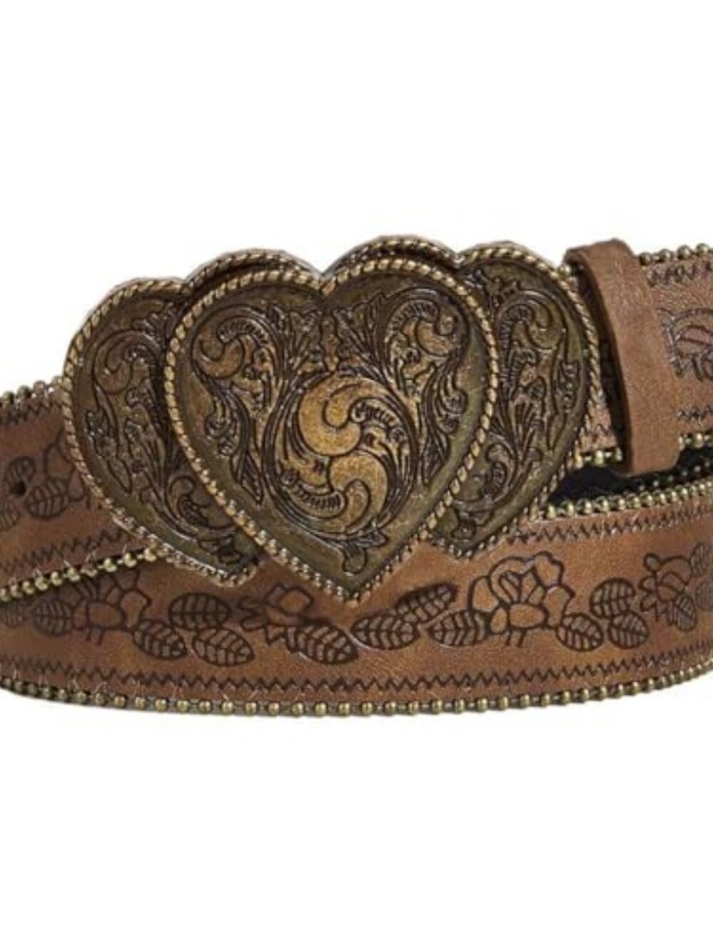 Women Western Belt with Heart Embossed Buckle Vintage Brown Belt for Jeans Pant